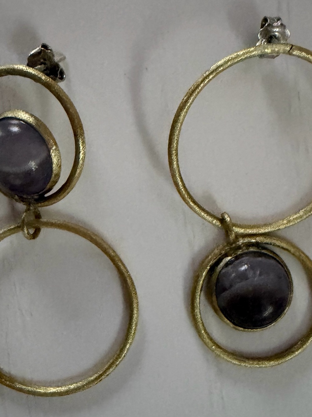 Italian Handmade Gold Double Hoop Earrings with Cabachon Purple Amethyst Stones